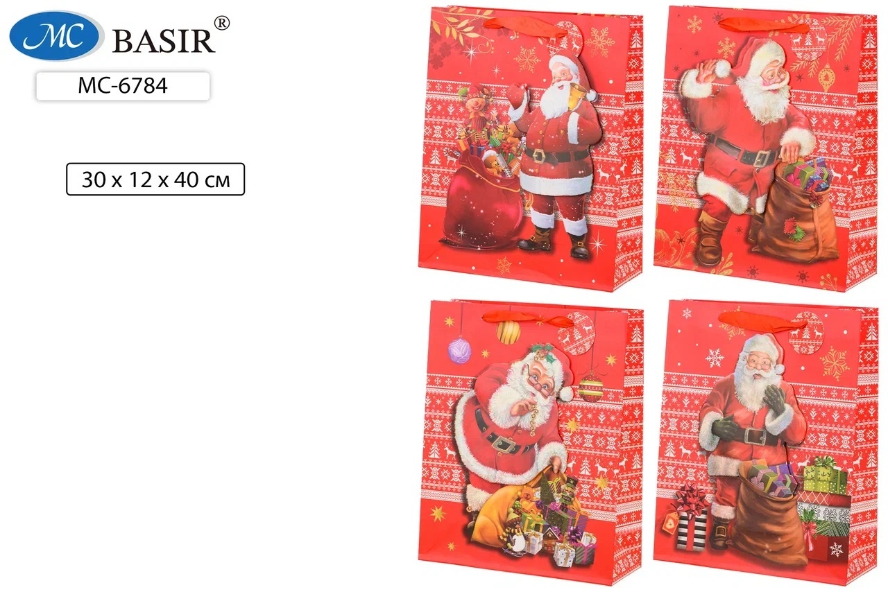Подарочный пакет МС-6784 Дед Мороз красный с объеимной аппликацией
