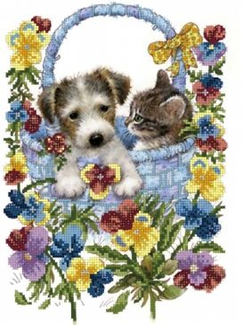 Вышивание бисером AS250 "Щенок и котенок в корзине" 27*35см Рыжий кот - Ульяновск 
