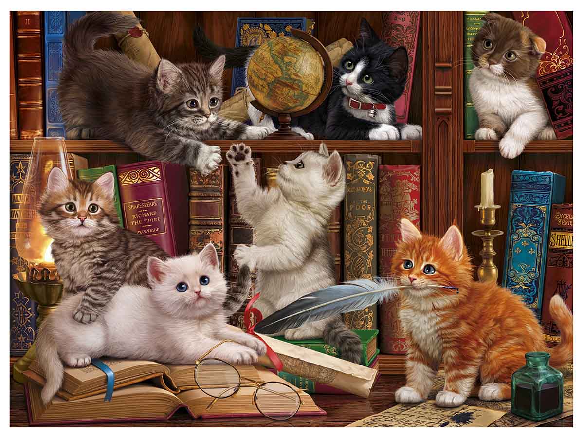 Холст Х-9561 с красками Игривые котята в библиотеке 40*50см Рыжий кот - Набережные Челны 