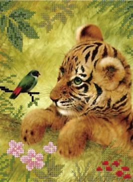 Вышивание бисером AS503 "Тигренок и птичка" 19*25см Рыжий кот - Ульяновск 