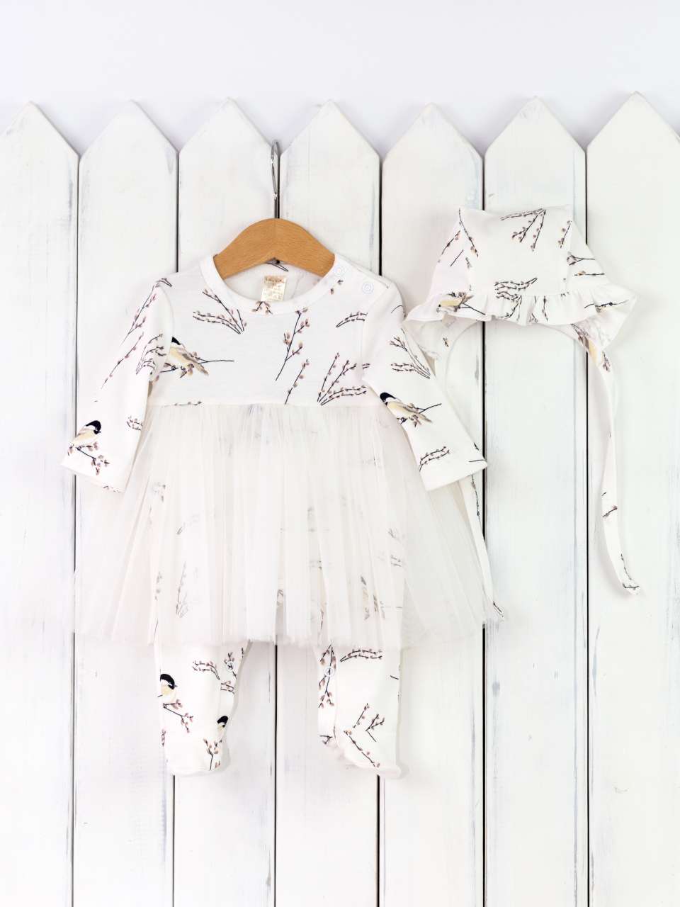 КН121/2-И Комплект для новорожденных р.56 (платье-комбинезон+чепчик/птички на вербе) Бэби бум - Орск 
