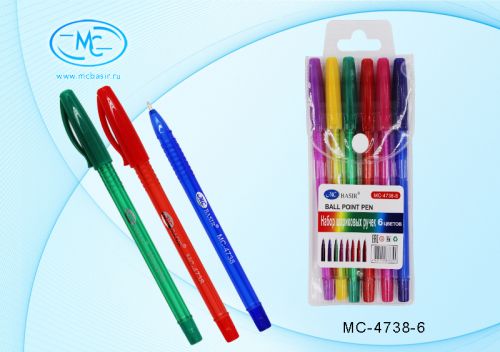 Набор шариковых ручек 6цв МС-4738-6 цветной /в цвет чернил/ тонированный корпус - Чебоксары 