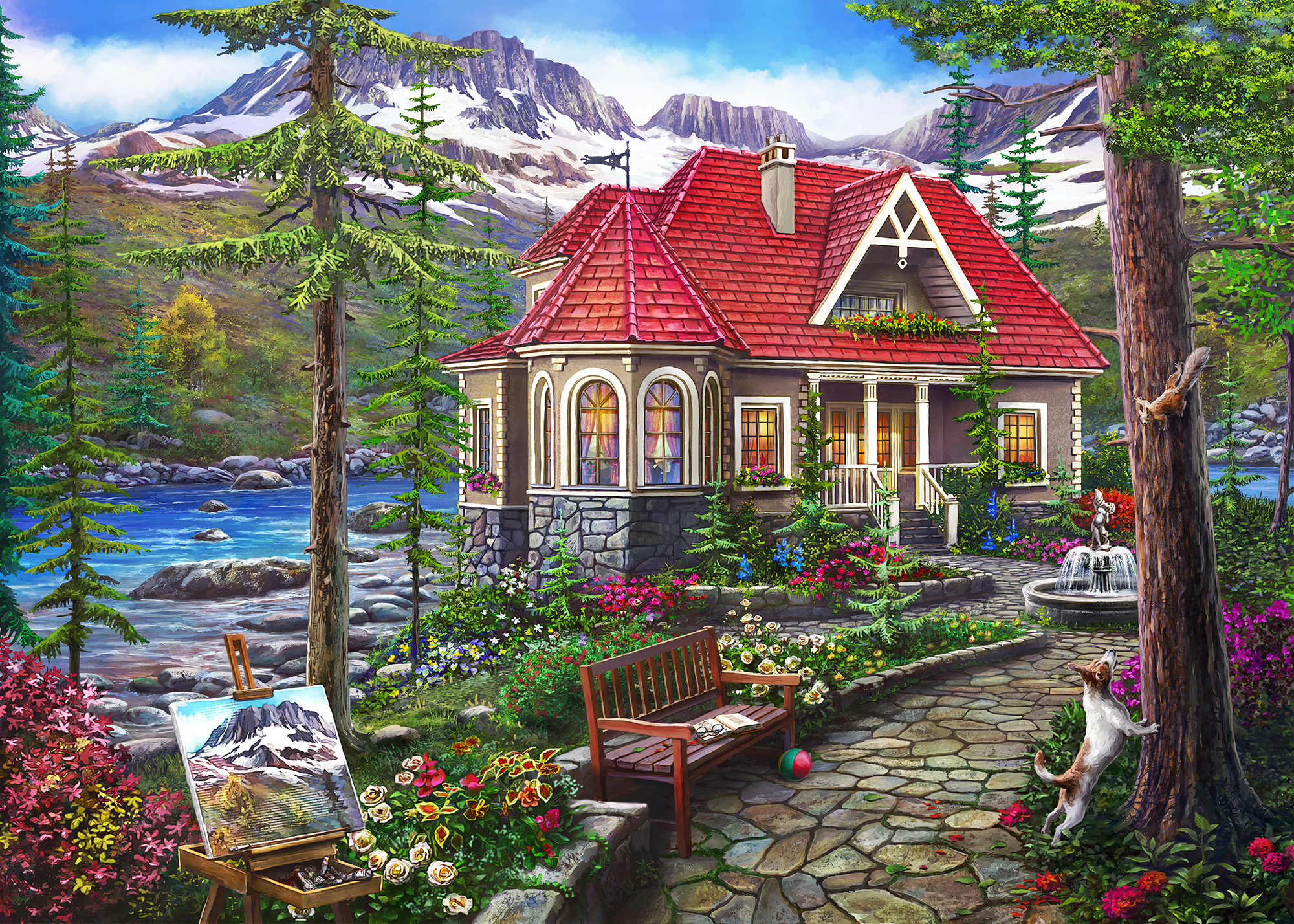 Холст Х-1001 с красками Красивый дом в лесу 40*50см Рыжий кот - Саратов 
