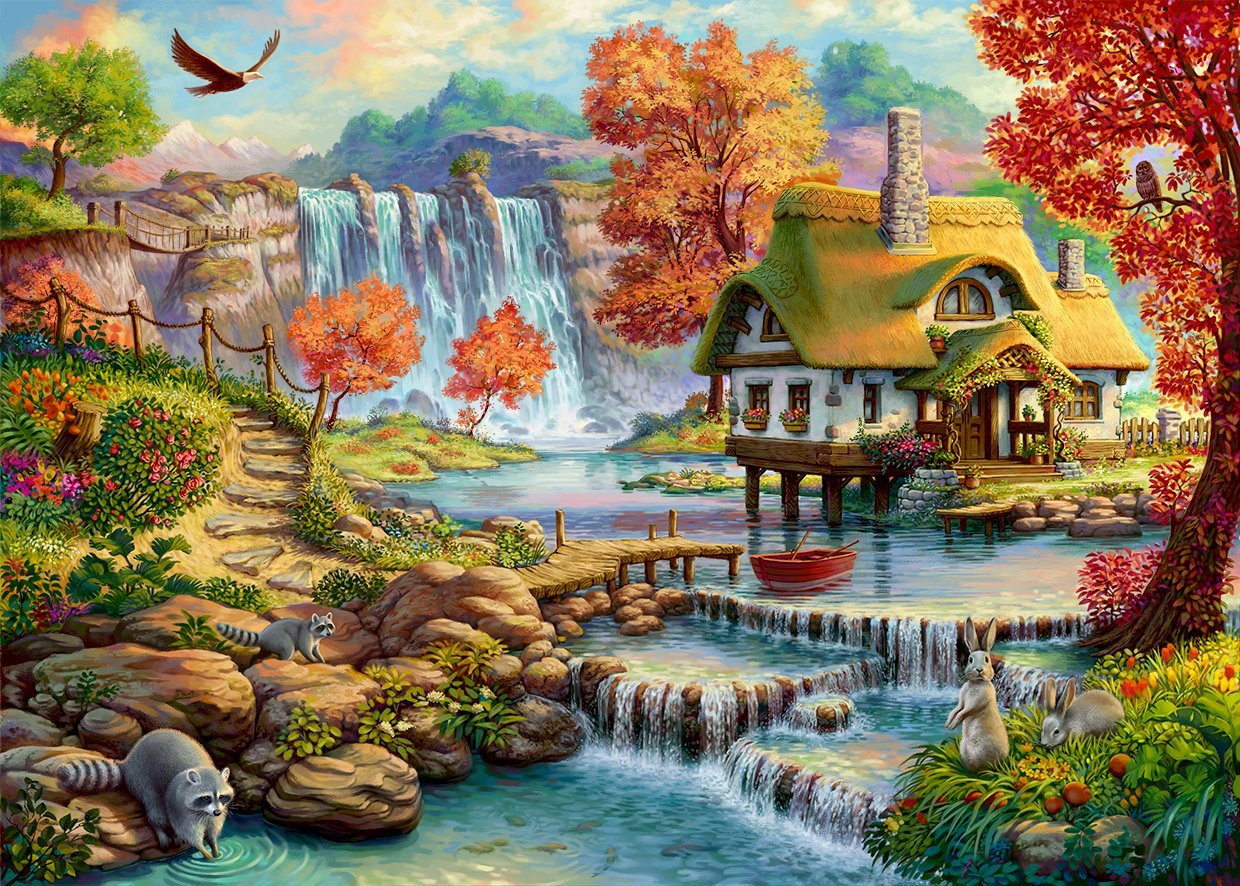 Рисование по дереву Домик у водопада по номерам 40х50см AWD006 Рыжий кот - Волгоград 