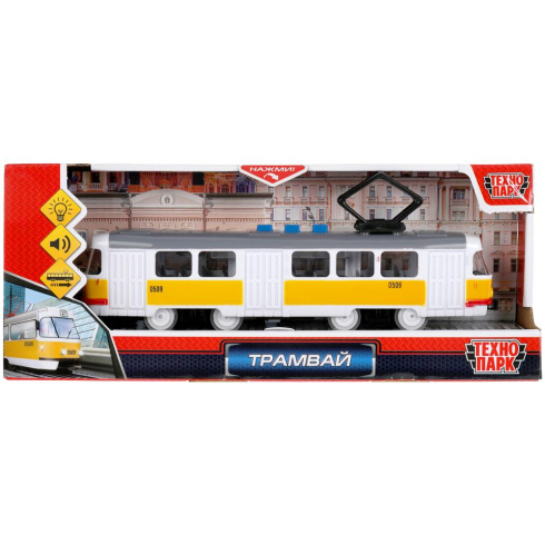 Модель TRAMOLD-22PL-WHYE пластик Трамвай 21,5см инерция желтый свет звук ТМ Технопарк