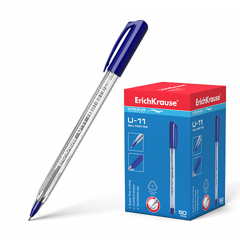 Ручка U-11 шариковая синяя Ultra Glide Technology 1,00мм/иг 37052 прозрачный Erich Krause
