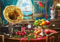 Алмазная раскраска Натюрморт с фруктами и граммофоном НД-1938 по номерам 40х50см Рыжий кот