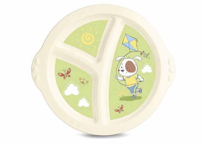 Тарелка детская 431306407 трехсекционная с зеленым декором цвет: бежевый Бытпласт