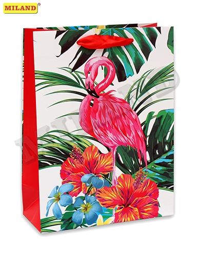 Пакет подарочный ПКП-8673 "Фламинго в тропических цветах" 26*32*13см с матовой ламинацией Миленд - Ульяновск 