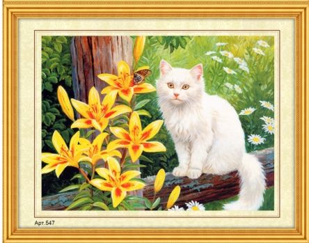 Вышивание бисером №547 "Котик с желтыми лилиями" 27*35см Рыжий кот - Заинск 