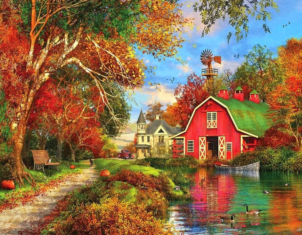 Алмазная раскраска Дом в осеннем лесу АСК036 по номерам с подрамником Рыжий кот