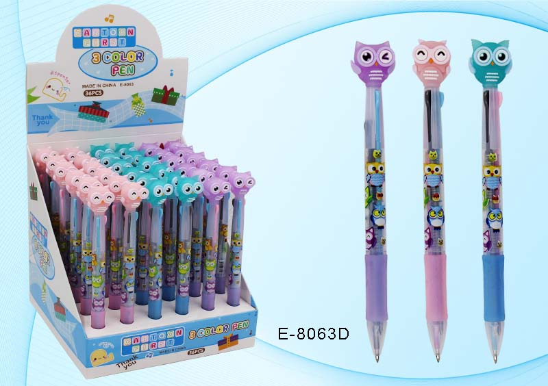 Ручка E-8063D шариковая автоматическая Сова 3-х цветная детская - Магнитогорск 