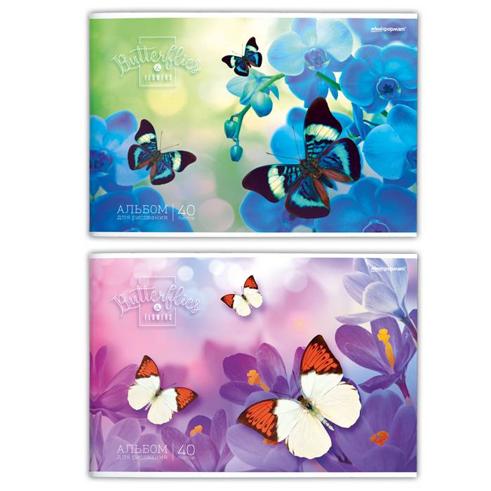 Альбом для рисования АЛ40-БЦВ 40л А4 Бабочки на цветах
