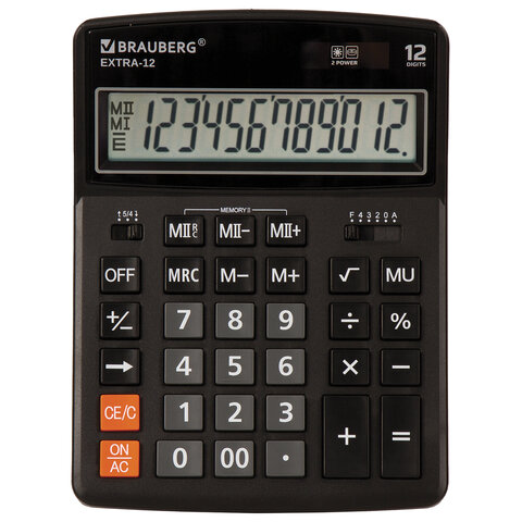 Калькулятор Extra-12-BK черный 12 разрядов дв. питание Brauberg