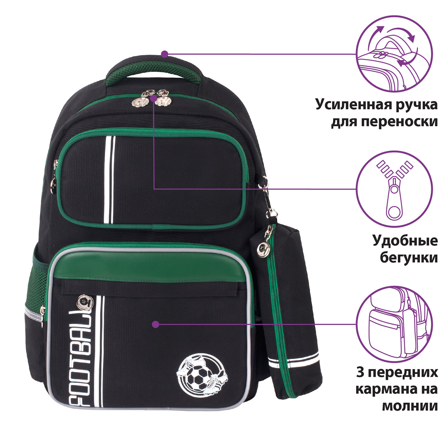 Рюкзак ЮНЛАНДИЯ COMPLETE с пеналом в комплекте эрго-спинка Football 229975