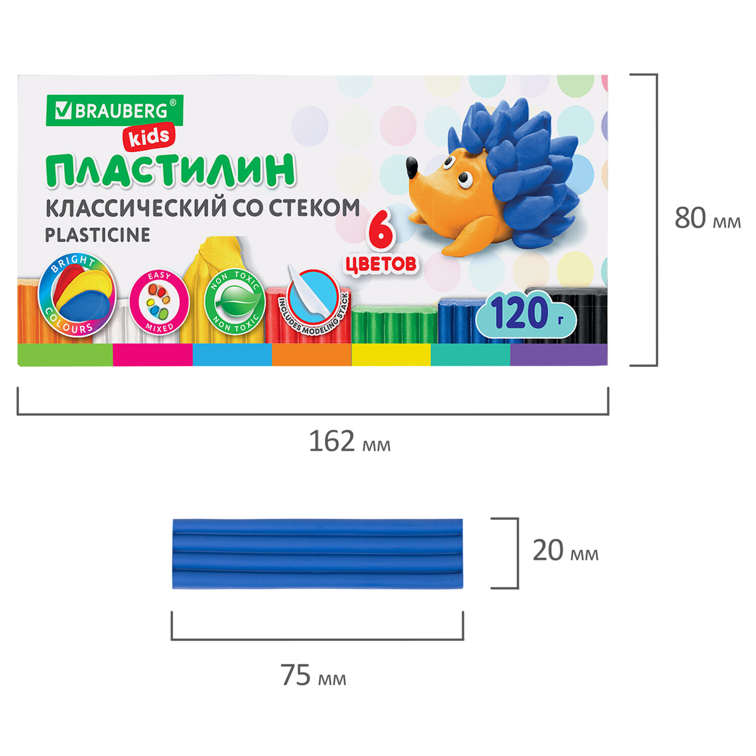 Пластилин 106435 6цв 120гр со стеком BRAUBERG KIDS