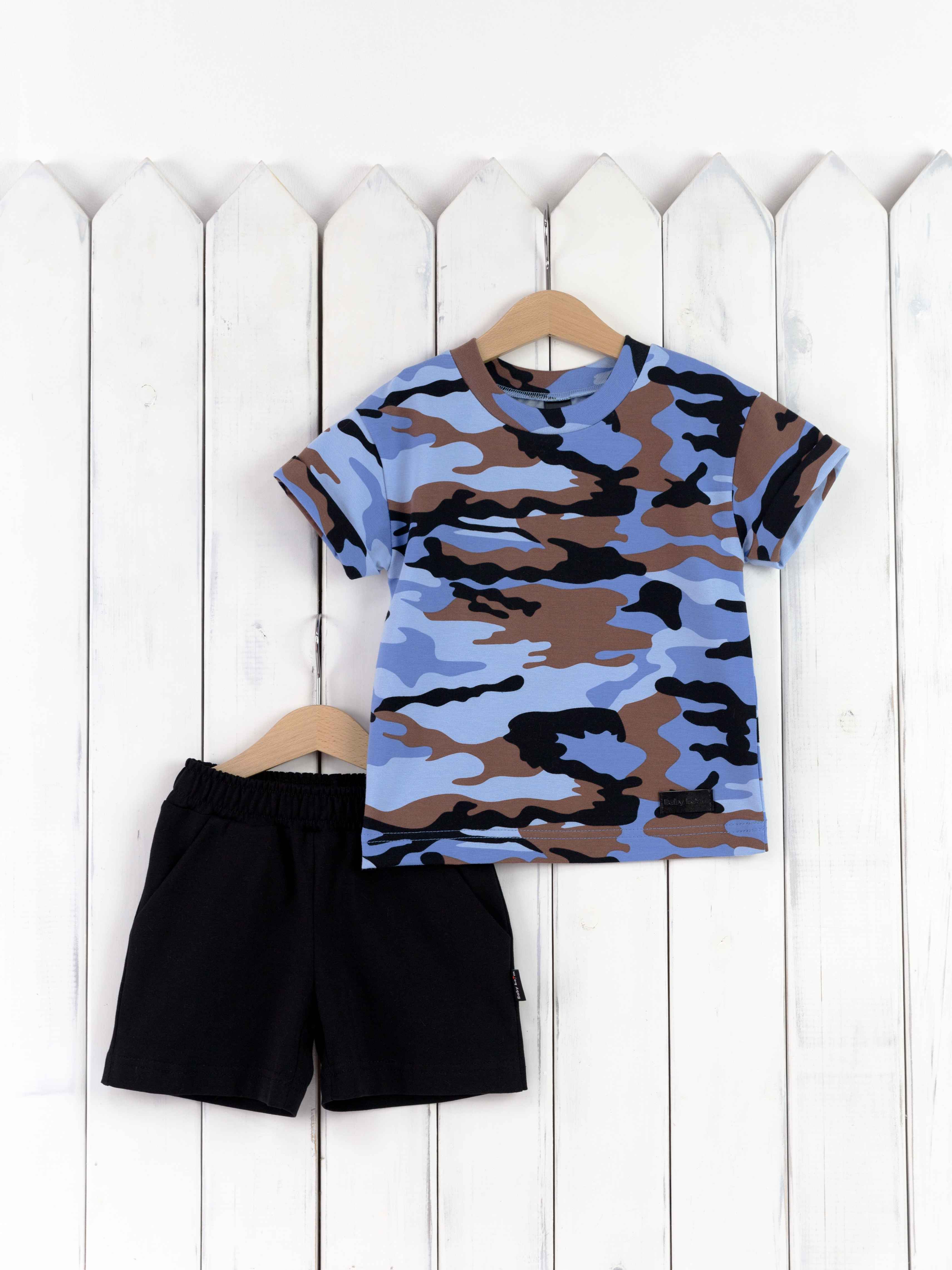КД418/1-К Комплект детский р.104 футболка/милитари голубой+шорты/черный Бэби Бум