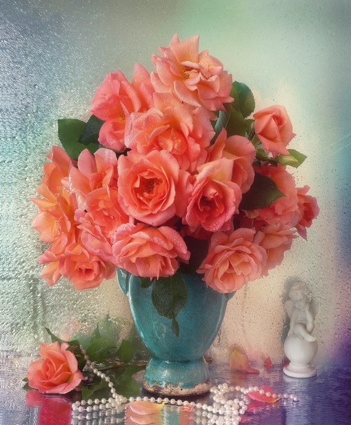 Холст по номерам ХК-6320 Розовые розы и натуриальный жемчуг 20цв 30х40см Рыжий кот