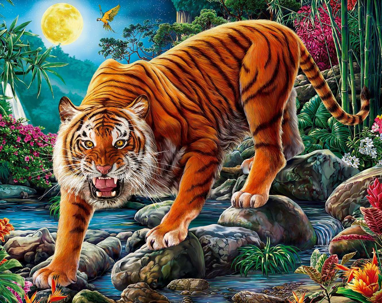 Холст по номерам ХК-6605 Ночной тигр при полной луне 30х40см 20цв Рыжий кот